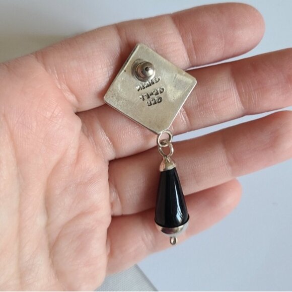 Vintage Taxco Sterling Silver Western Chunky Black Onyx Drop Dangle Earrings - Picture 10 of 10